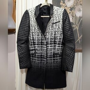 L.A.M.B. by Gwen Stefani long black & white wool blend, Leather Sleeves Size 8